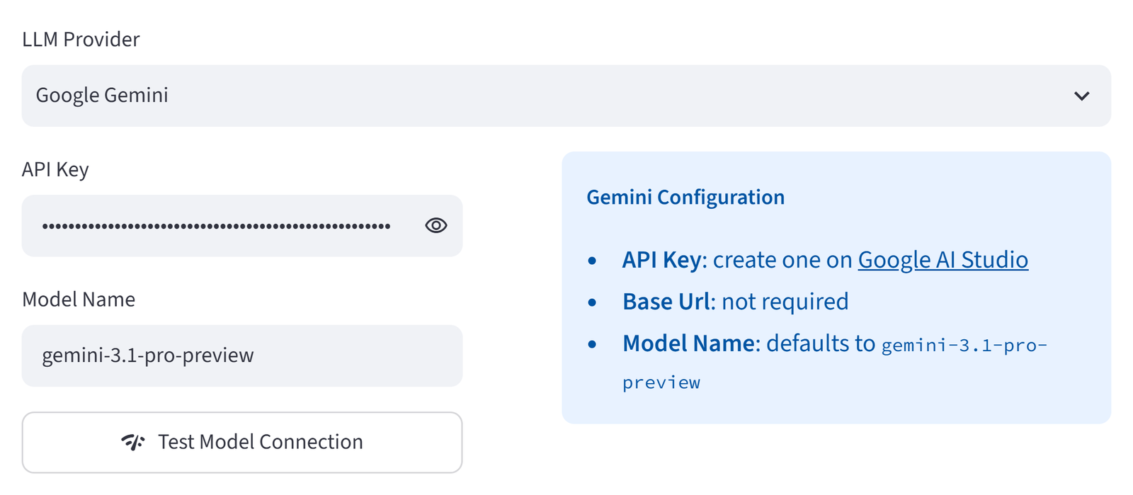 Settings 다이얼로그의 LLM Settings 탭 — API 키 입력 위치
