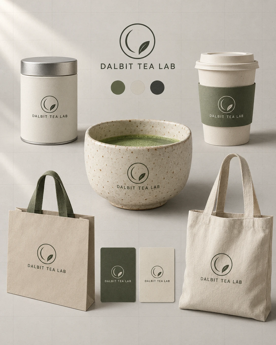 한국어 프롬프트로 생성한 DALBIT TEA LAB 브랜드 무드보드에 티 틴, 말차 볼, 테이크아웃 컵, 쇼핑백, 토트백과 적립 카드가 배치된 모습