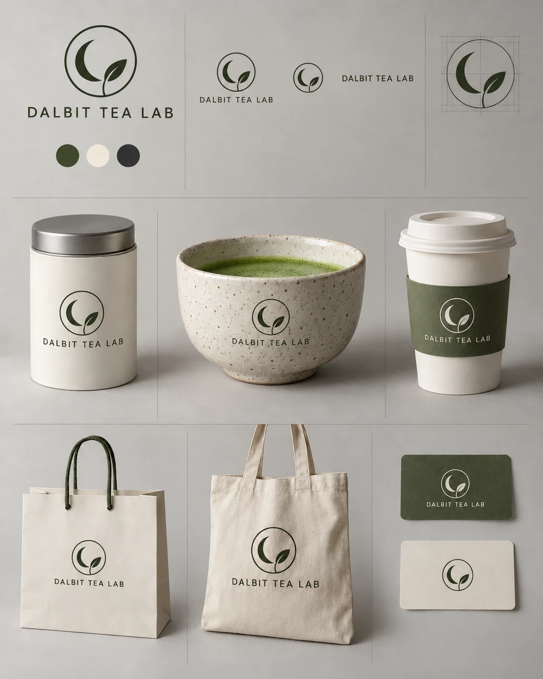 초승달과 찻잎 로고를 사용한 DALBIT TEA LAB 말차 카페 브랜드 보드로 티 틴, 말차 볼, 테이크아웃 컵, 쇼핑백, 토트백과 적립 카드가 배치된 모습