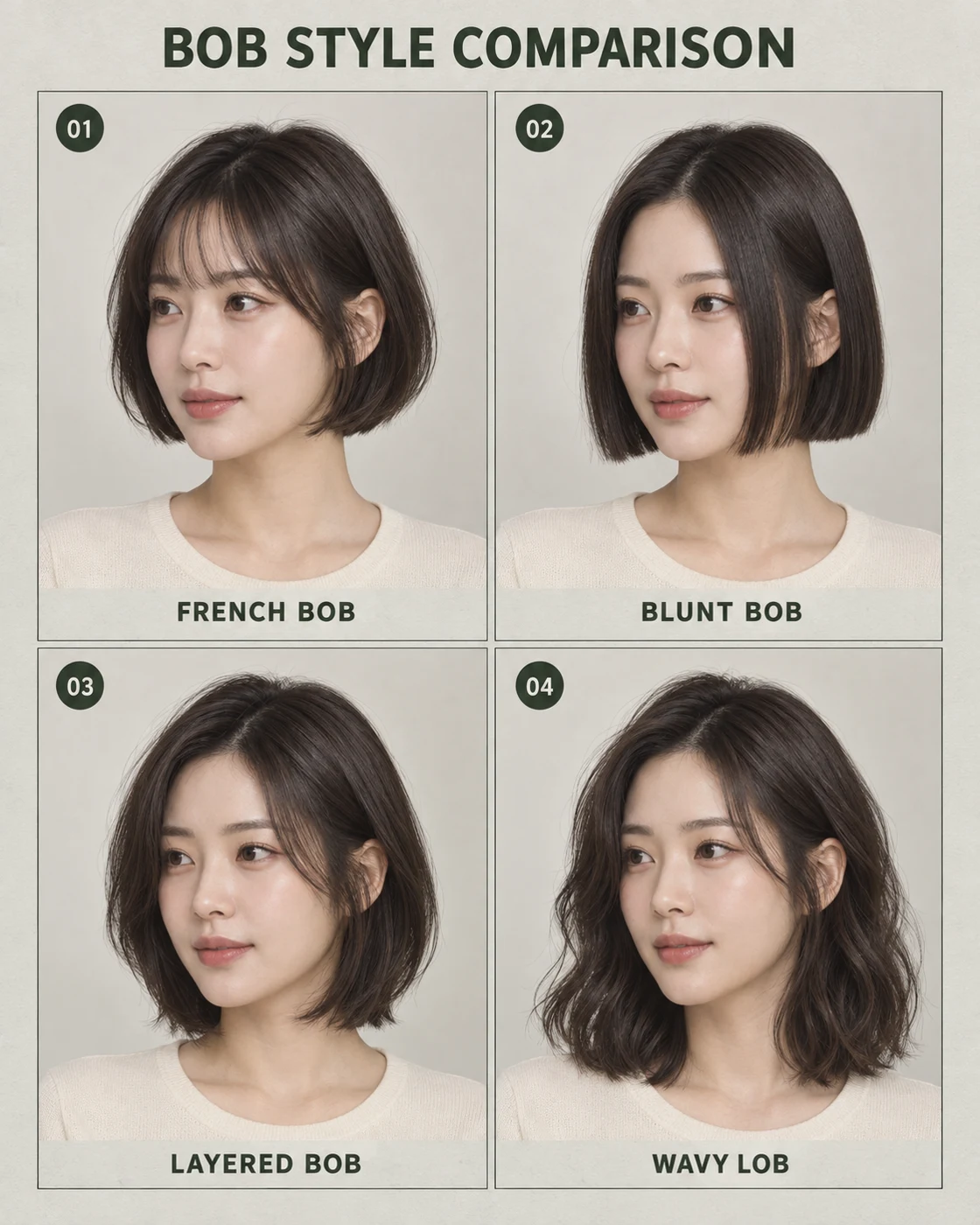 한국어 AI 헤어스타일 프롬프트로 생성한 같은 가상 얼굴의 프렌치 보브, 블런트 보브, 레이어드 보브와 웨이비 로브 비교 이미지