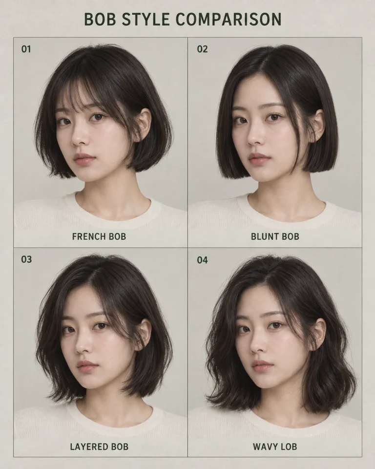 같은 가상 여성 얼굴에 프렌치 보브, 블런트 보브, 레이어드 보브와 웨이비 로브를 적용한 AI 단발 헤어스타일 비교 보드