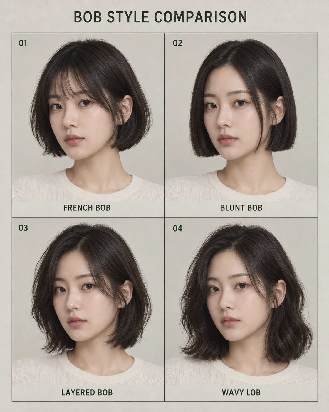 같은 가상 여성 얼굴에 프렌치 보브, 블런트 보브, 레이어드 보브와 웨이비 로브를 적용한 AI 단발 헤어스타일 비교 보드