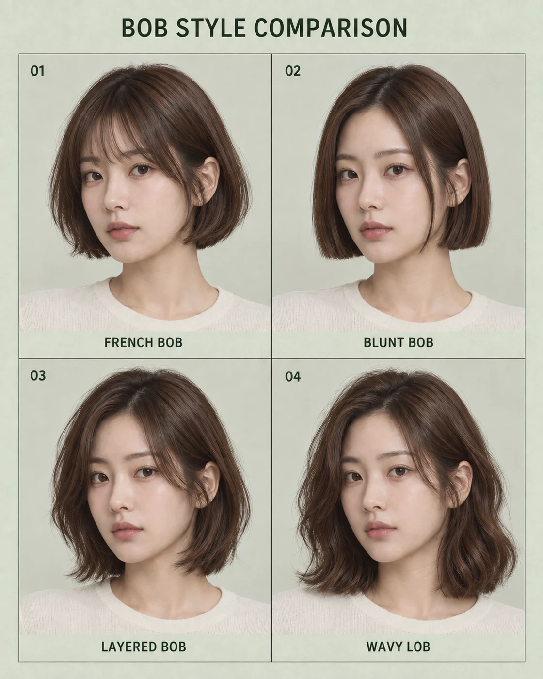 같은 가상 얼굴과 단발 4종 구성을 유지하면서 머리색을 체스트넛 브라운, 배경을 옅은 세이지색으로 바꾼 헤어스타일 비교 보드