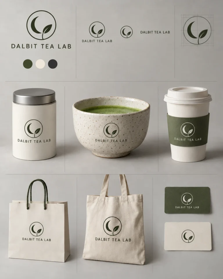 초승달과 찻잎 로고를 사용한 DALBIT TEA LAB 카페 브랜드 무드보드